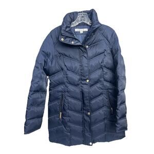 Kenneth Cole Womens Medium Down Puffer Coat Mid Length Quilted Jacket Navy Zip